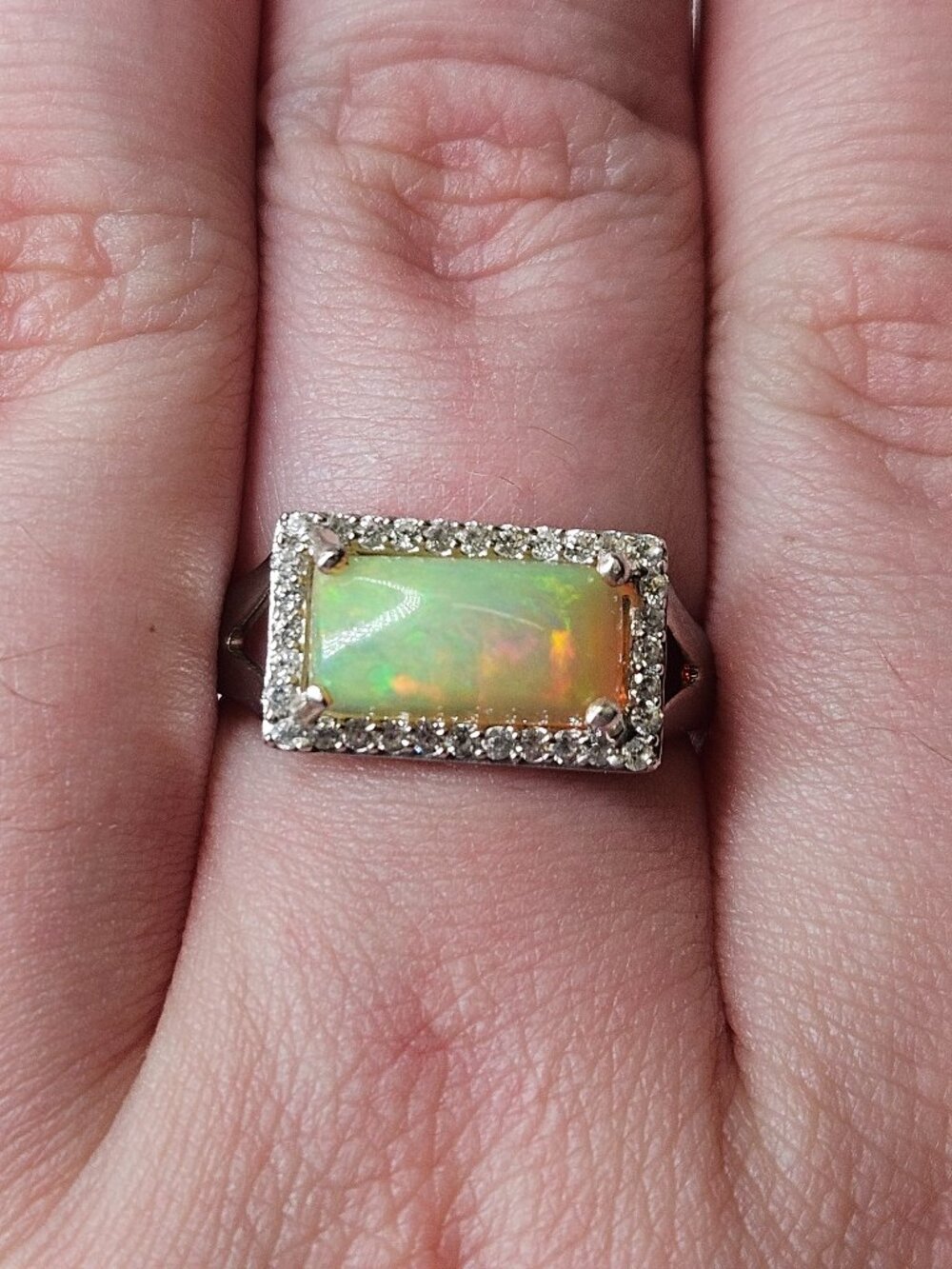 Djoy D Joy 925 Sterling Silver Opal & Diamond Halo Cocktail Ring Size 8